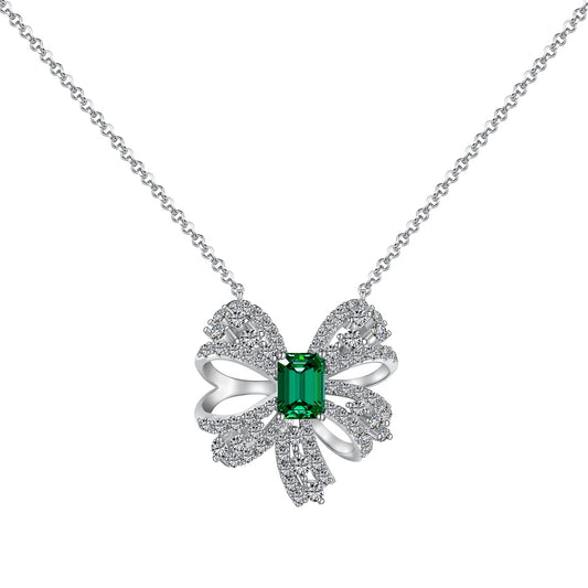 S925 Rhodium-Plated Emerald Elegance Bow Tie Necklace