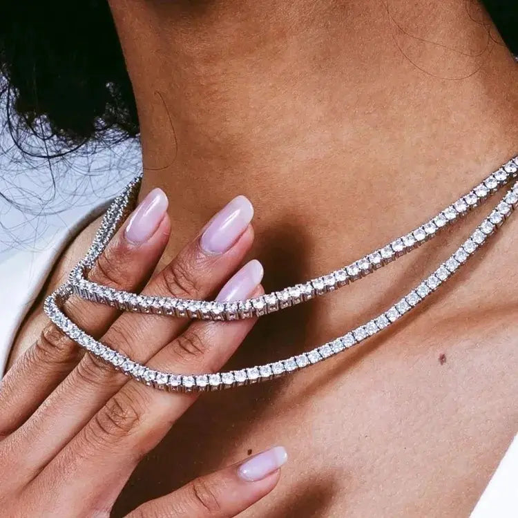 Rhodium-Plated Round Cubic Zirconia Tennis Chain