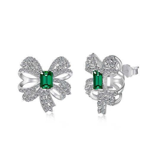 S925 Rhodium-Plated Emerald Elegance Bow Tie Earrings